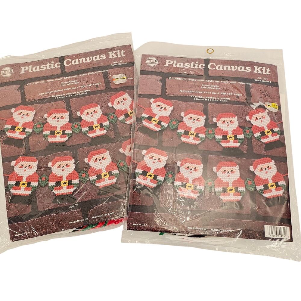 2 Kits NeedleMagic Plastic Canvas Kit Santa Garland Art 1971 Christmas Craft VTG